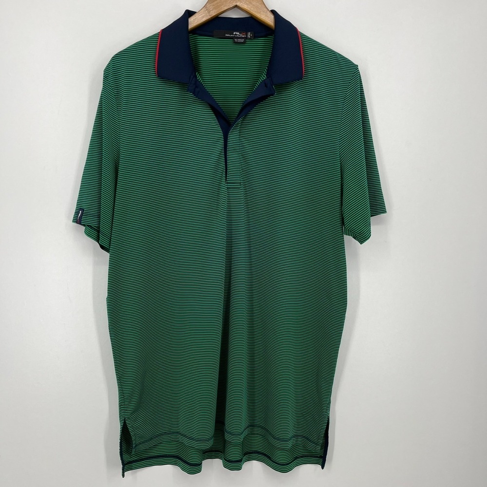 RLX Ralph Lauren Polo Shirt Men's Size L Green Striped Moisture Wicking Stretch